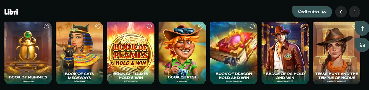 Online casino book-themed games section in Italian showing a horizontal carousel of slot tiles, including Book of Mummies, Book of Cats Megaways, Book of Flames Hold & Win, Book of Rest, Book of Dragon Hold and Win, Badge of Ra Hold and Win, and Tessa Hunt and the Temple of Horus.
