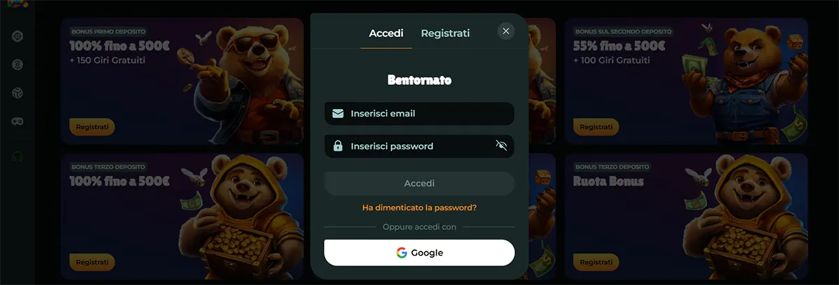 Italian online casino login popup with email and password fields, a Google sign-in option, and a darkened background showing bear-themed bonus banners for first, second, and third deposit offers plus a bonus wheel promotion.